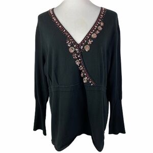 Roxie B Black Beaded V-Neck Sweater Women's XL 3/4 Sleeve Banded Cuffs